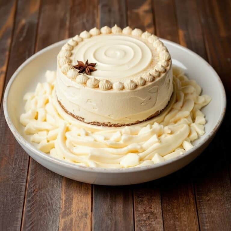 Creamy vanilla cake with decorative frosting and star anise garnish on a white plate, set on a rustic wooden table - perfect for celebrations and special occasions.