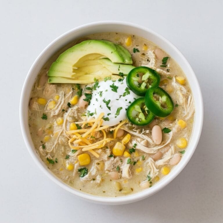 Creamy Mexican chicken tortilla soup topped with avocado slices, jalapeños, shredded cheese, sour cream, and fresh cilantro in a white bowl.