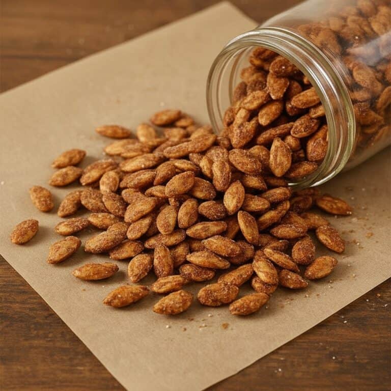 Crunchy roasted almonds spilling from glass jar onto parchment paper, perfect for snacking or baking, emphasizing fresh, healthy ingredients for recipes and food tips.