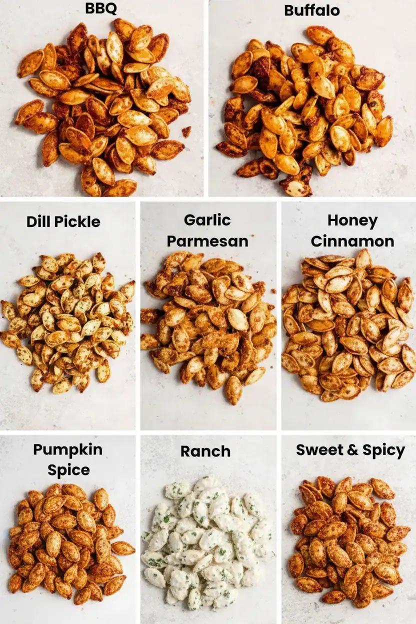 Roasted snack seeds with BBQ, Buffalo, Dill Pickle, Garlic Parmesan, Honey Cinnamon, Pumpkin Spice, Ranch, and Sweet & Spicy flavors for healthy snacking.