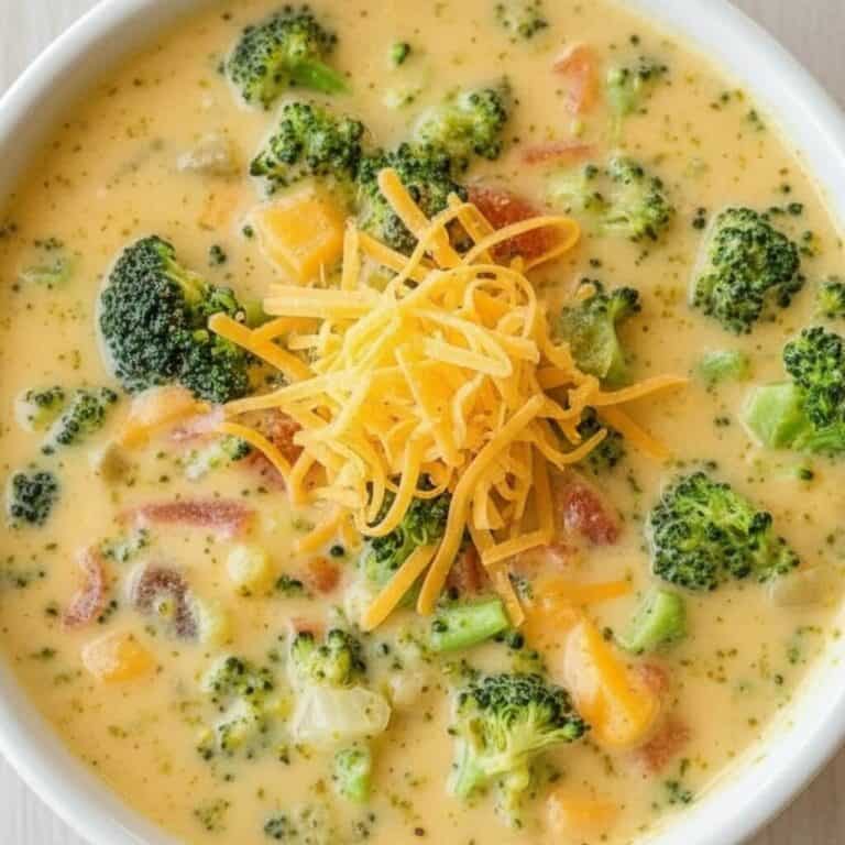 Creamy broccoli cheddar soup with shredded cheese topping.
