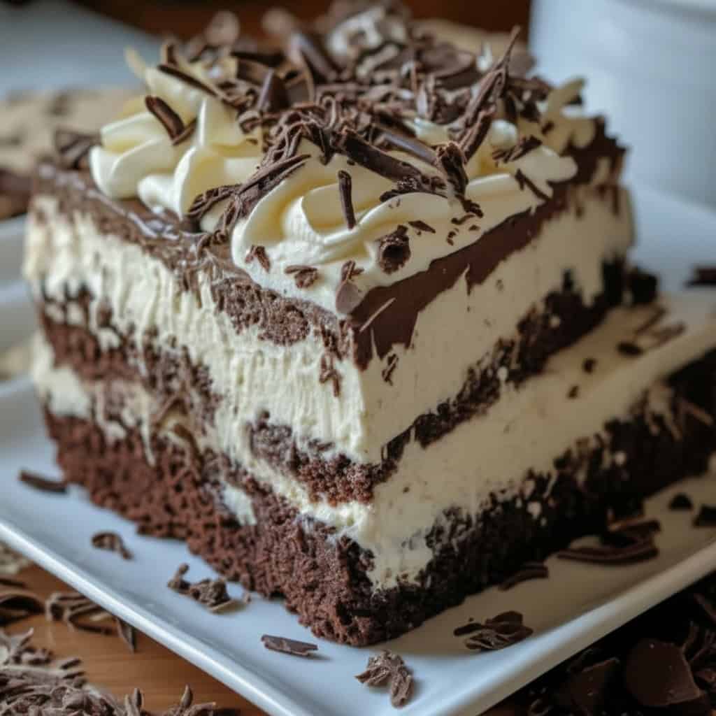 Rich chocolate brownie refrigerator cake topped with whipped cream and chocolate shavings for a delicious dessert. Perfect for sharing at gatherings or enjoying as a sweet treat.