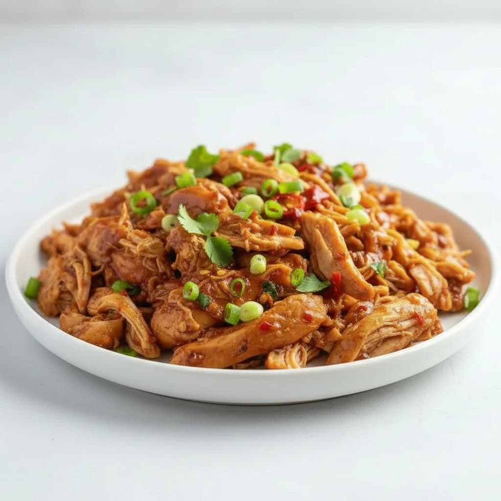 Succulent shredded chicken cooked in savory, flavorful sauce garnished with fresh green onions and herbs atop a white plate, perfect for tasty meal recipes.
