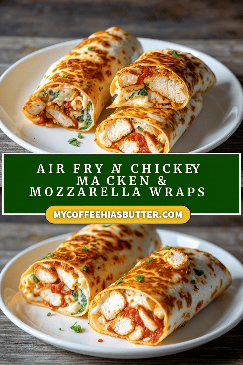 Crispy chicken and mozzarella wraps with air fry, served on white plate amidst rustic wooden background for delicious meal content alt text.