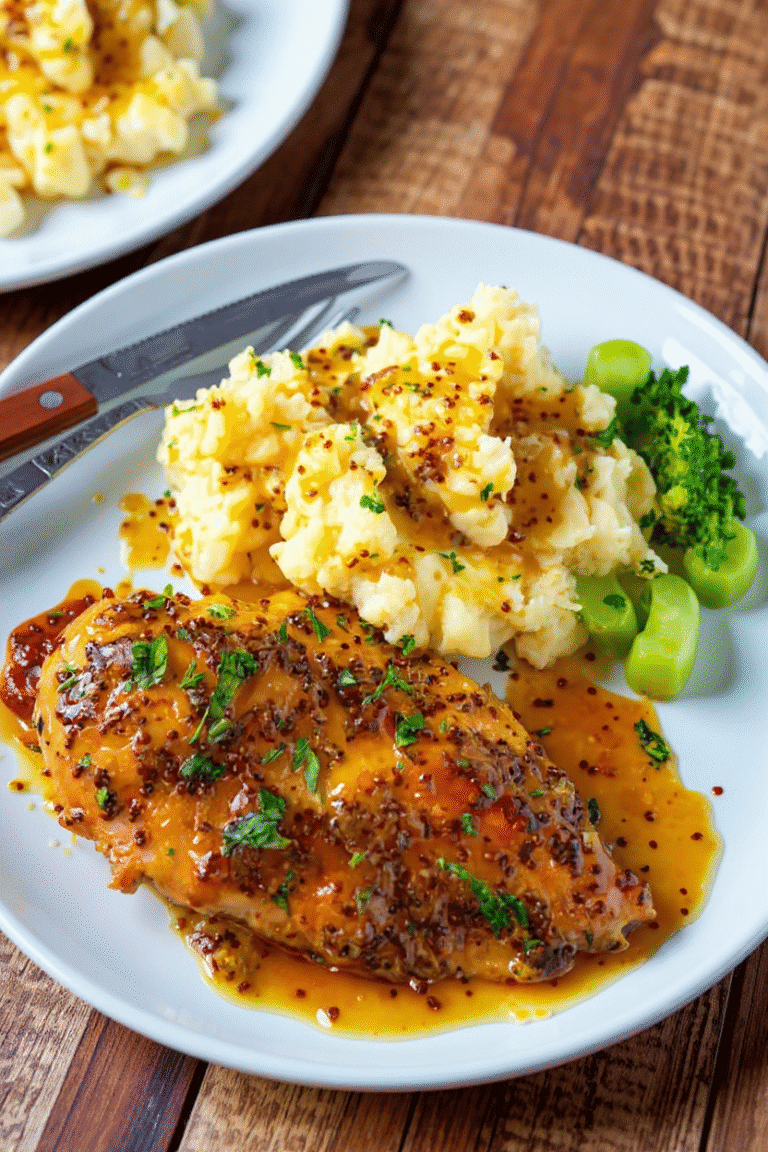 Succulent glazed chicken thigh served with creamy mashed potatoes and fresh broccoli on white plate, delicious comfort food meal, RecipeStang.