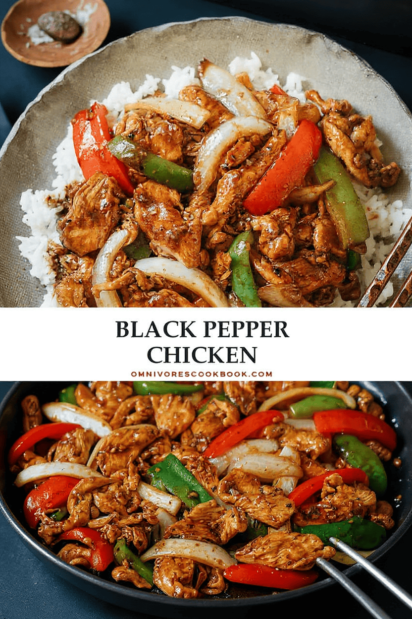 Sautéed black pepper chicken with colorful bell peppers served over rice, featuring a savory sauce and tender meat. Perfect for quick and flavorful meals, easy to make at home.
