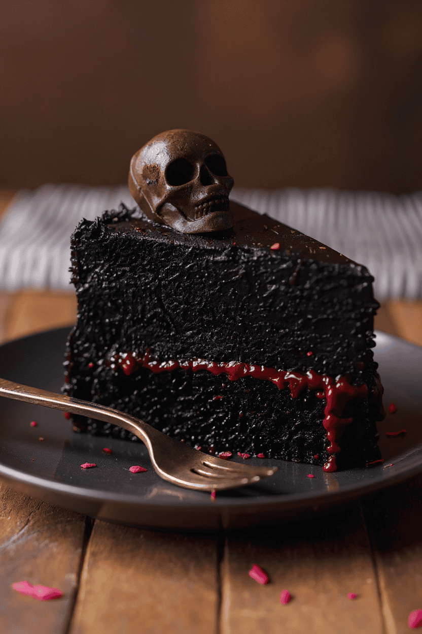 Rich chocolate cake with a dark, glossy glaze topped with a edible skull decoration for a spooky and decadent dessert experience. Perfect for Halloween or gothic-themed celebrations.