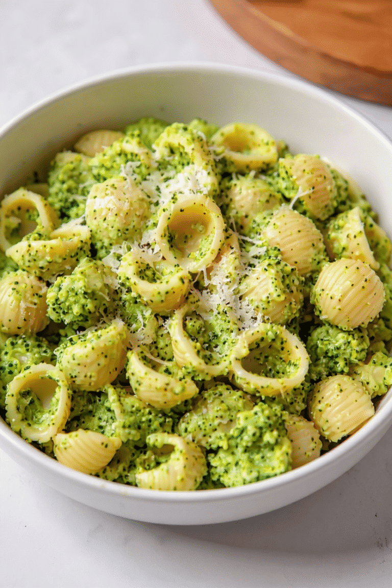 Creamy broccoli and cheese pasta in a white bowl, featuring tender pasta shells coated with a flavorful broccoli cheese sauce and topped with shredded cheese. Perfect for easy, nutritious meals.