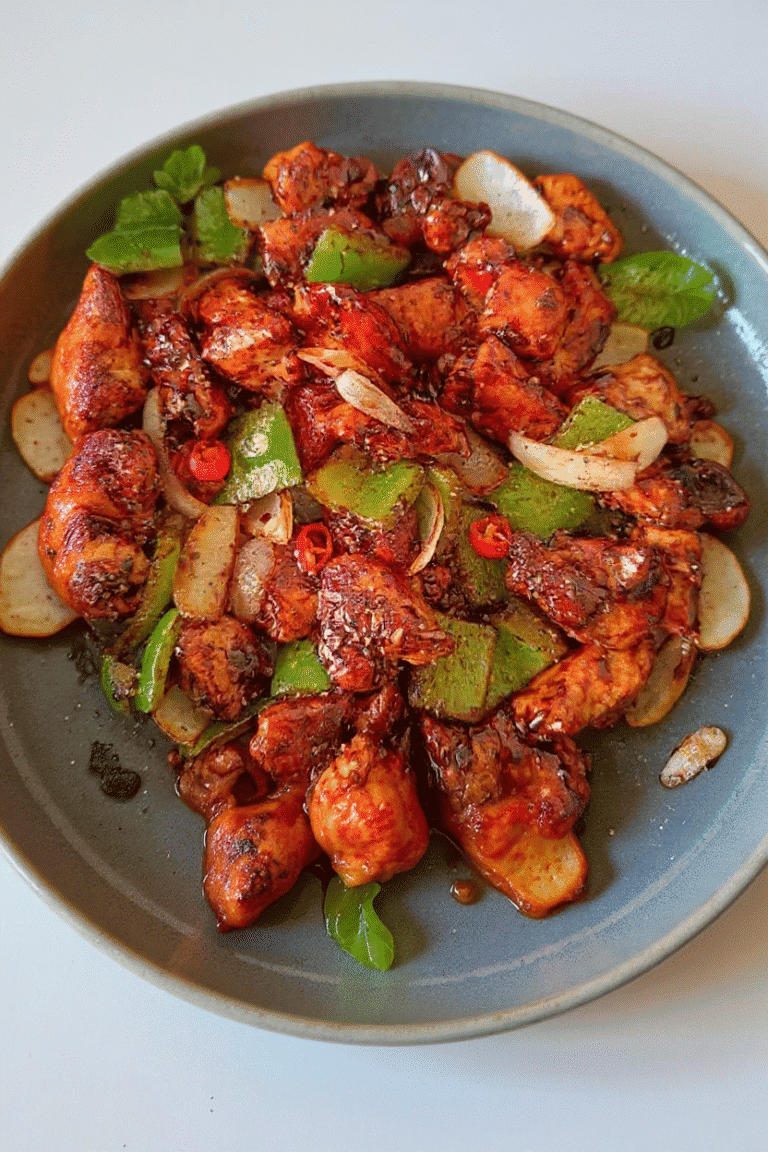 Spicy stir-fried chicken with vegetables, including bell peppers and onions, served in a gray bowl, showcasing a flavorful Asian-inspired dish perfect for dinner or lunch.