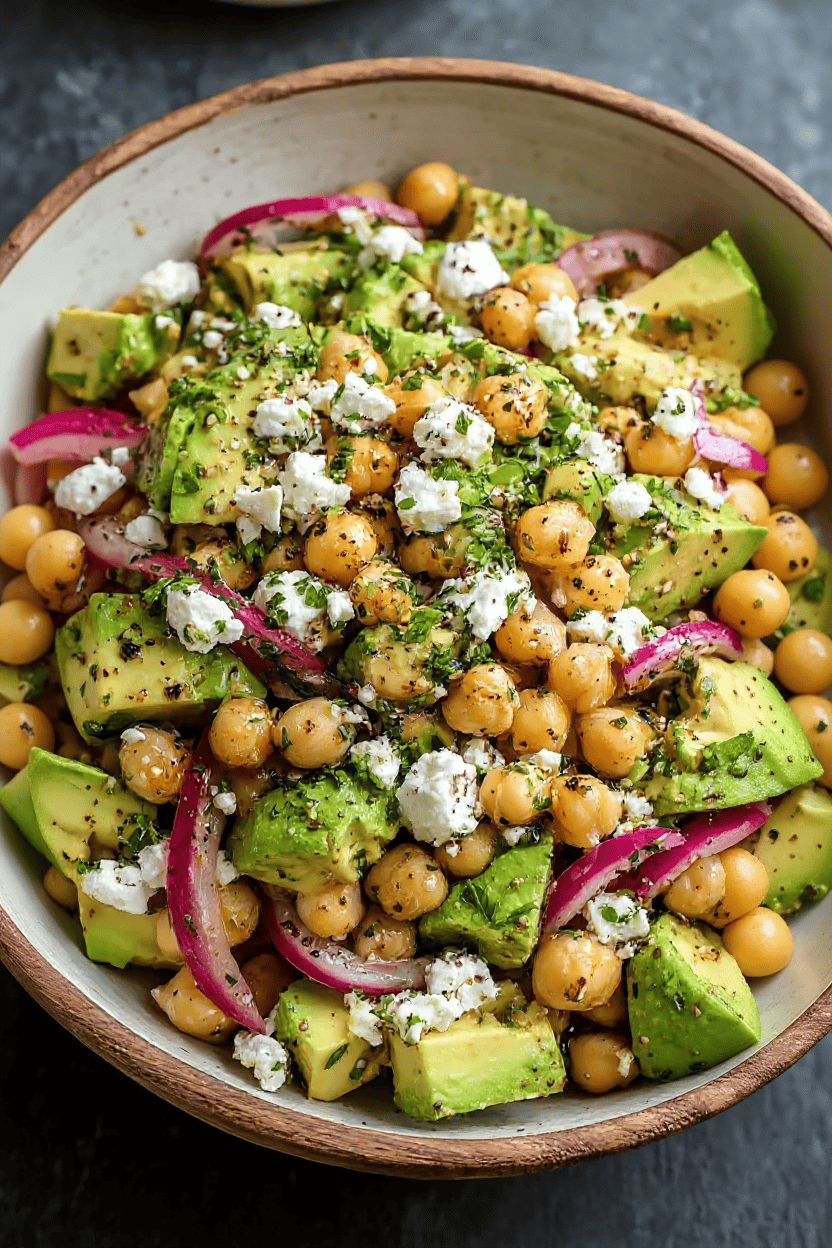 Fresh chickpea and avocado salad with crumbled feta cheese, sliced red onions, and chopped herbs in a rustic bowl. Healthy, vegan-friendly recipe ideal for nutritious meals or summer picnics.