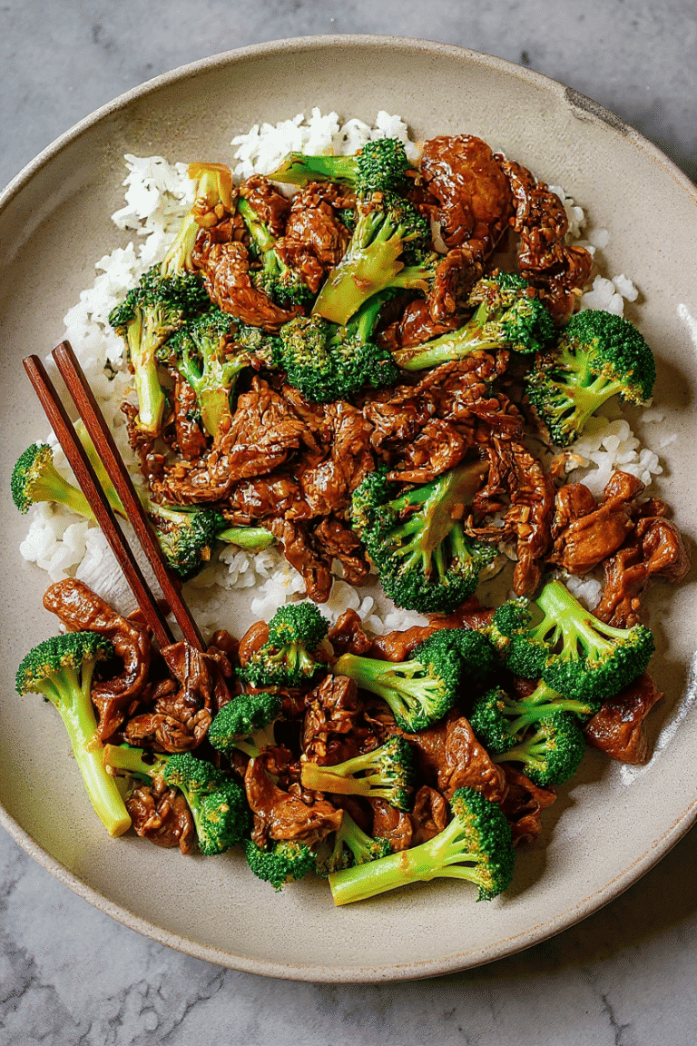 Stir-fried beef and broccoli dish served over rice, featuring tender beef, vibrant broccoli florets, and savory sauce, perfect for quick and healthy Asian-inspired meals.