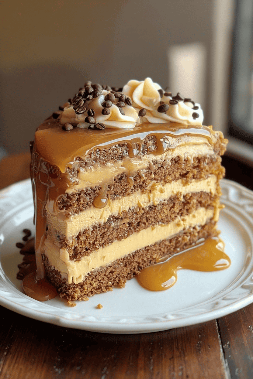 Decadent chocolate caramel cake with layers of creamy custard, chocolate shavings, and caramel drizzle for a delicious dessert. Perfect for special occasions or sweet cravings.