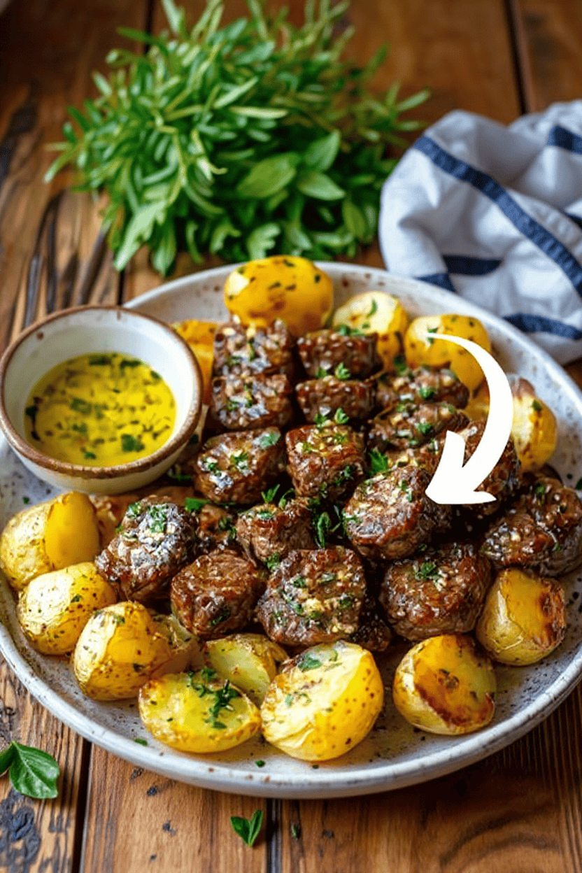 Tender beef meatballs with herbs served alongside roasted baby potatoes, garnished with fresh parsley, on a rustic wooden table featuring a bowl of sauce and a sprig of fresh greenery.
