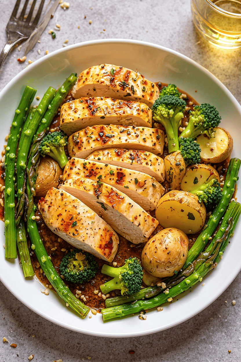 Juicy grilled chicken breast with garlic herb seasoning served with broccolini and roasted baby potatoes on a fresh white platter. Perfect healthy dinner idea from Recipestang.