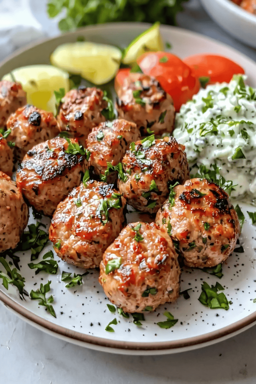 Juicy baked meatballs garnished with fresh herbs, served with creamy tzatziki, chopped tomatoes, cucumbers, and lemon wedges on a white plate. Perfect for a delicious Mediterranean-inspired meal.