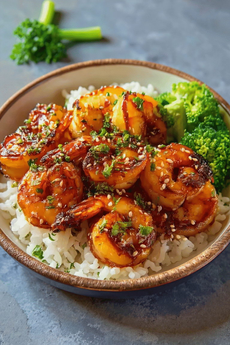Savory shrimp and pineapple stir-fry served over rice with broccoli and sesame seeds, featuring flavorful sauce and fresh herbs. Perfect for a quick, delicious Asian-inspired meal.