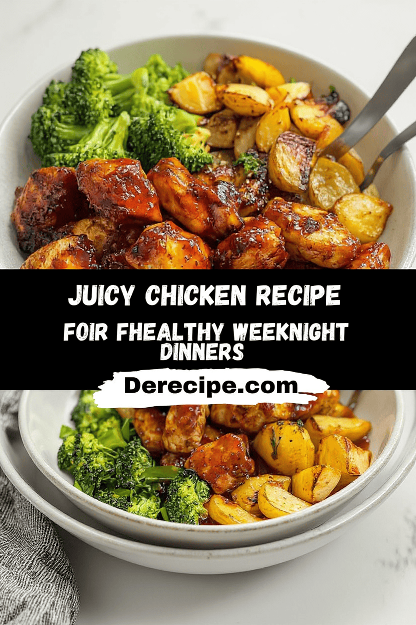 Juicy homemade chicken with roasted potatoes and steamed broccoli served in a white bowl, perfect for healthy weeknight dinners and meal planning.