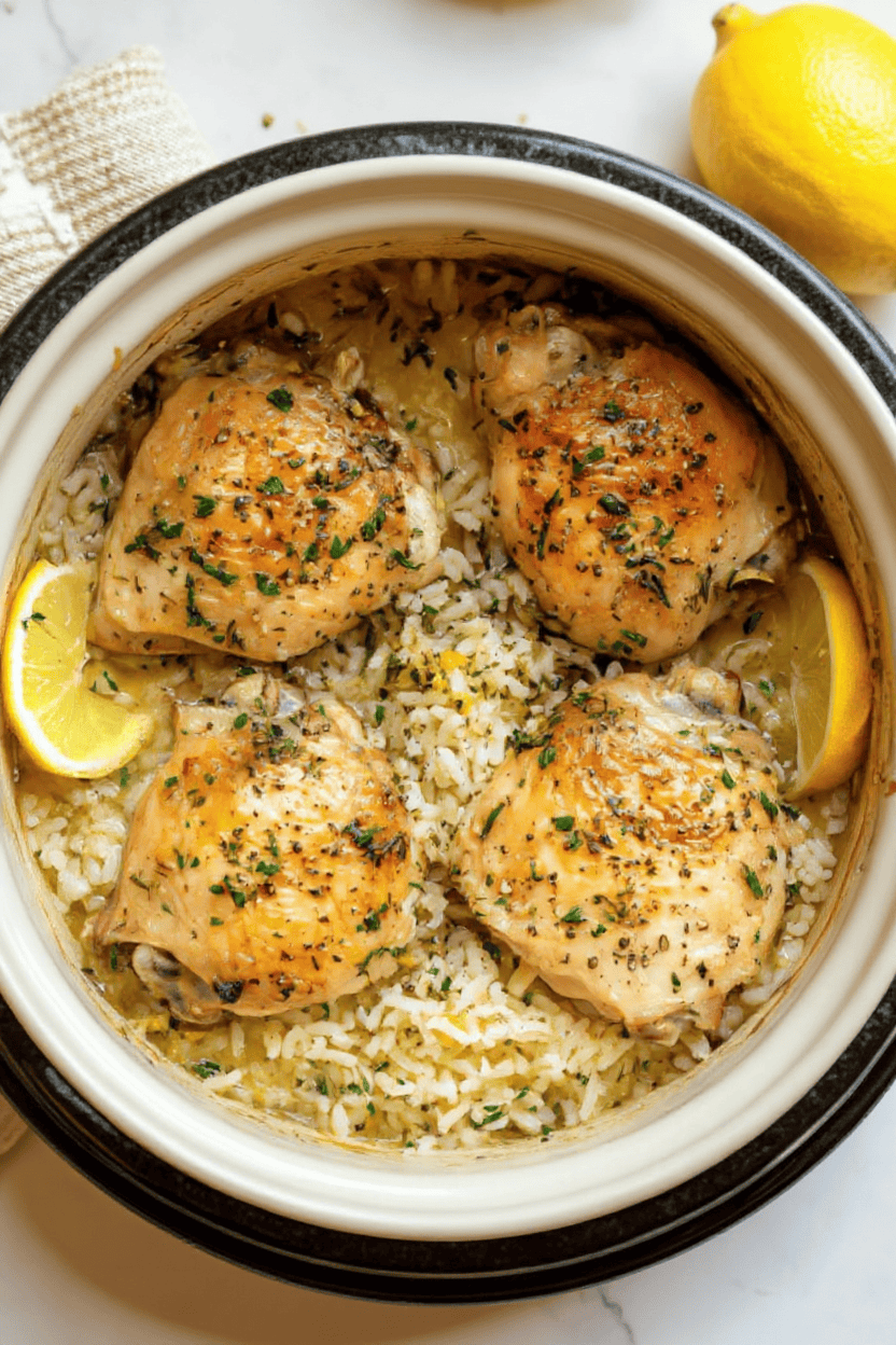 Juicy baked chicken thighs with lemon and herbs served over seasoned rice in a slow cooker. Perfect for flavorful, easy-to-make family meals with fresh citrus accents.