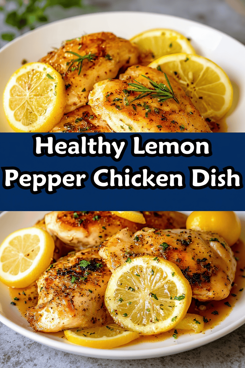 Juicy lemon garlic chicken thighs with fresh lemon slices and herbs for healthy lemon pepper chicken dish.