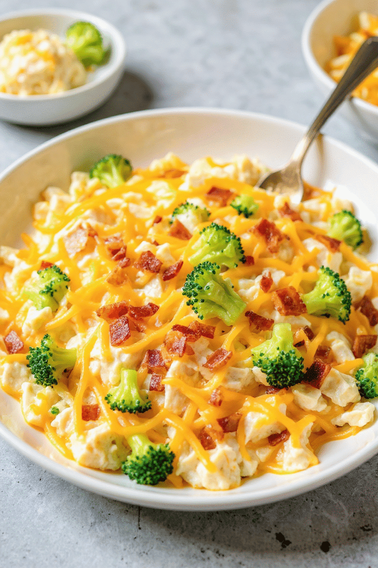 Creamy broccoli and cheese scrambled eggs with bacon crumbles in a white bowl for a delicious breakfast.
