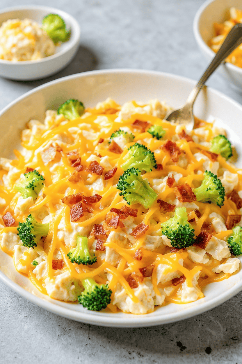 Creamy broccoli and cheese scrambled eggs with bacon crumbles in a white bowl for a delicious breakfast.
