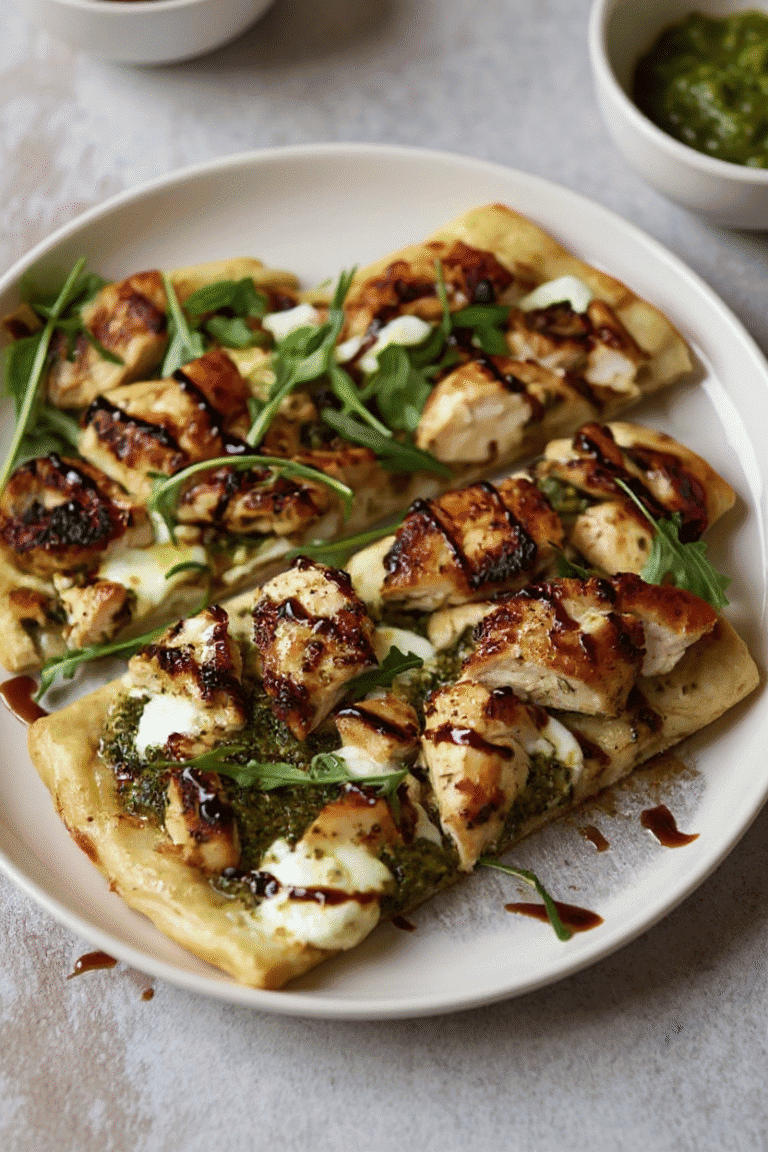 Golden grilled chicken pizza topped with fresh arugula and drizzled balsamic glaze on a white plate for a delicious recipe.