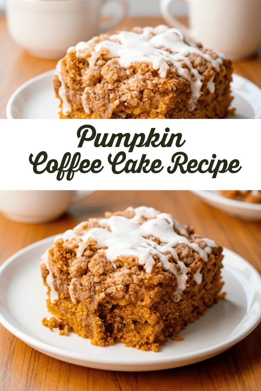 Pumpkin coffee cake with crumb topping and icing on a white plate, perfect for fall desserts and breakfast treats.