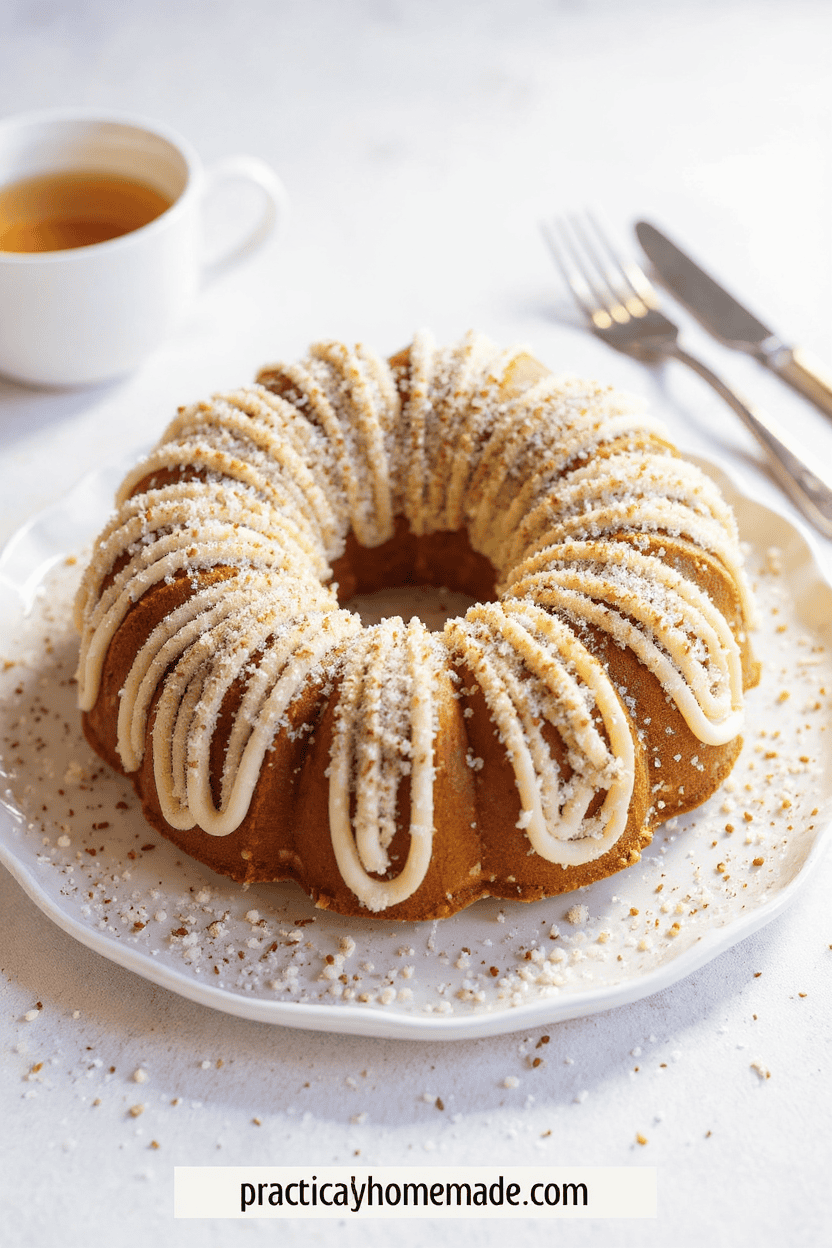 Golden Bundt Cake with Drizzle, topped with powdered sugar on a white plate, served with a cup of tea. Perfect for dessert or special occasions.