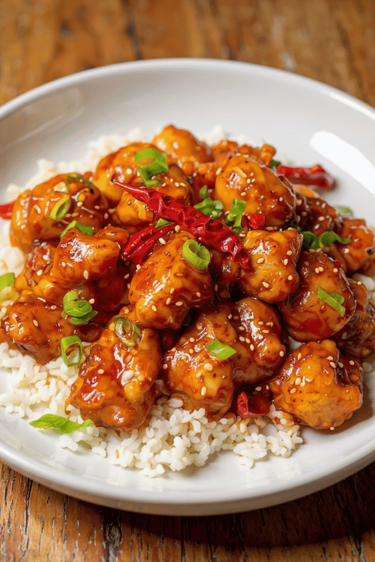 Savory chicken stir-fry with rice topped with sweet chili sauce, green onions, and sesame seeds, served in a white bowl showcasing vibrant flavors and colorful ingredients.