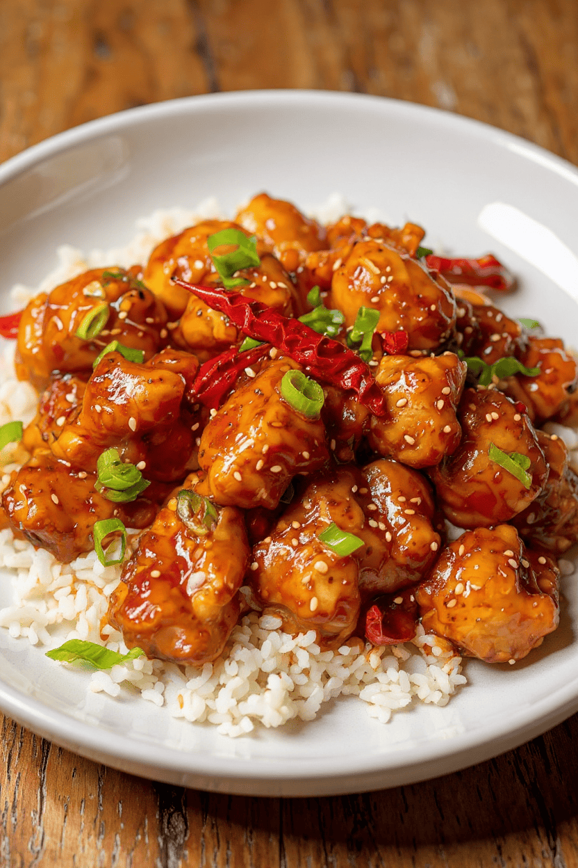 Savory chicken stir-fry with rice topped with sweet chili sauce, green onions, and sesame seeds, served in a white bowl showcasing vibrant flavors and colorful ingredients.