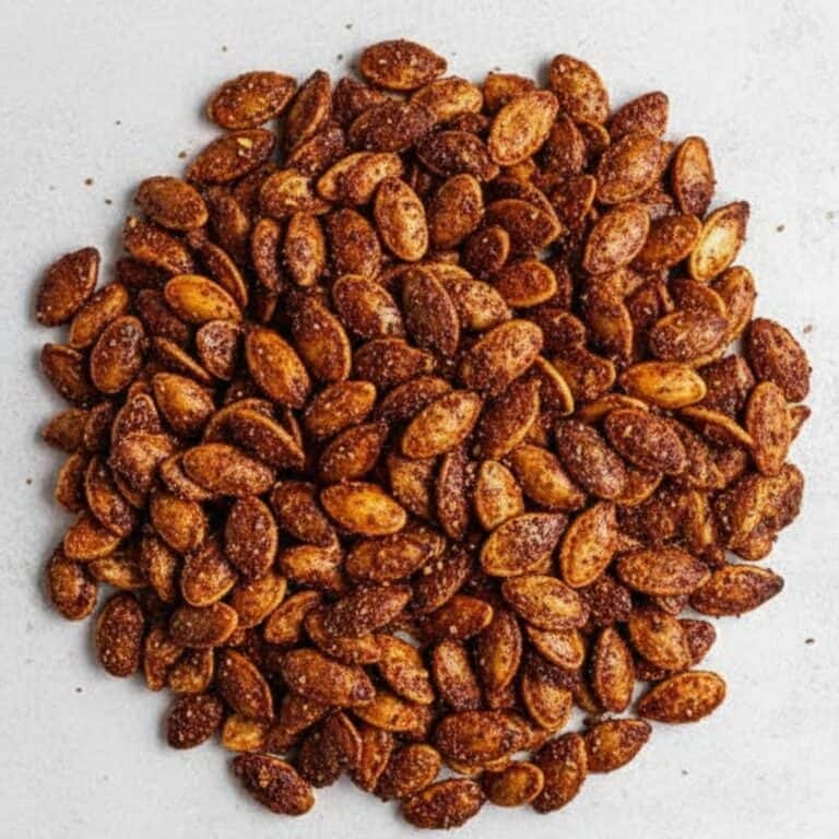 Roasted and seasoned Pepitas (pumpkin seeds), ideal for healthy snacks or cooking, on a white background.