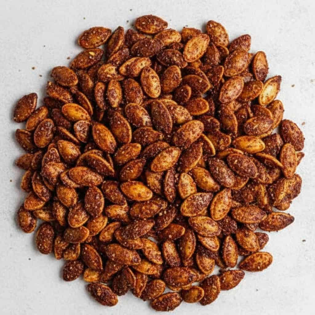 Roasted and seasoned Pepitas (pumpkin seeds), ideal for healthy snacks or cooking, on a white background.