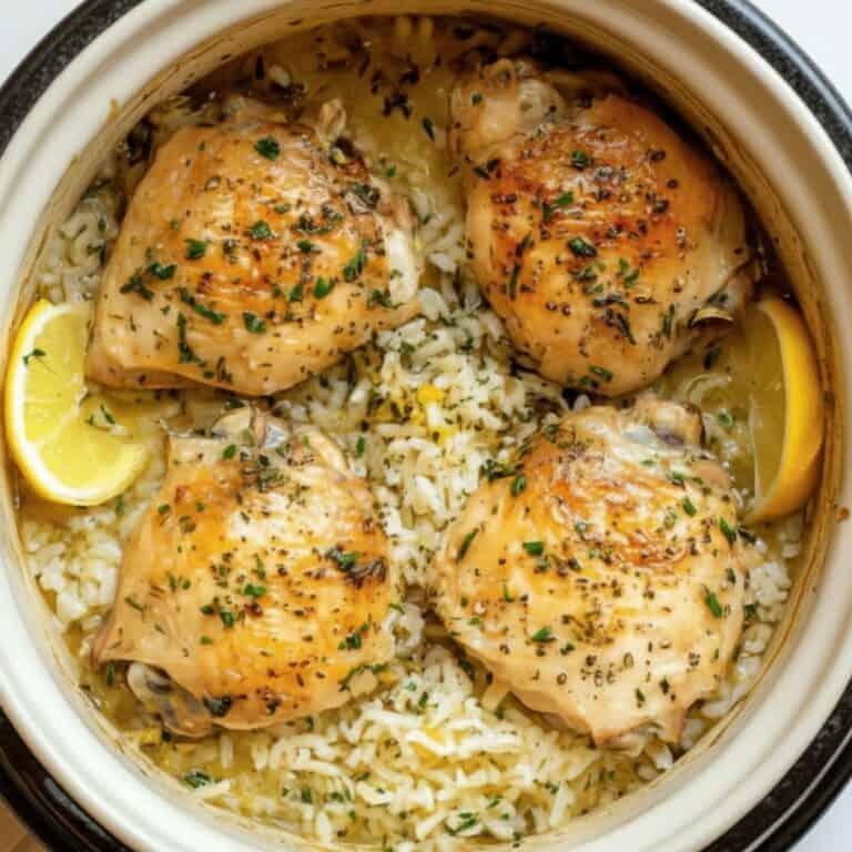 Juicy baked chicken thighs with herbs and lemon over rice in a slow cooker.