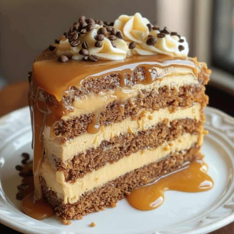 Rich caramel and chocolate layered cake with creamy frosting, topped with whipped cream and coffee beans, perfect for dessert lovers and special occasions.