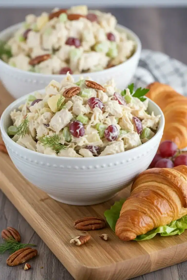 Creamy chicken salad with grapes and celery in white bowls, served with fresh croissants on a wooden board, perfect for a delicious lunch or dinner.