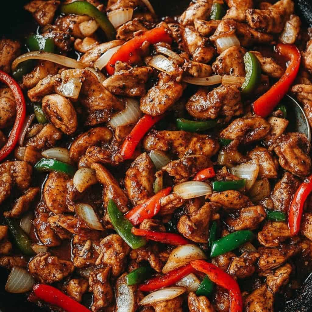 Sautéed black pepper chicken with colorful bell peppers served over rice, featuring a savory sauce and tender meat. Perfect for quick and flavorful meals, easy to make at home.