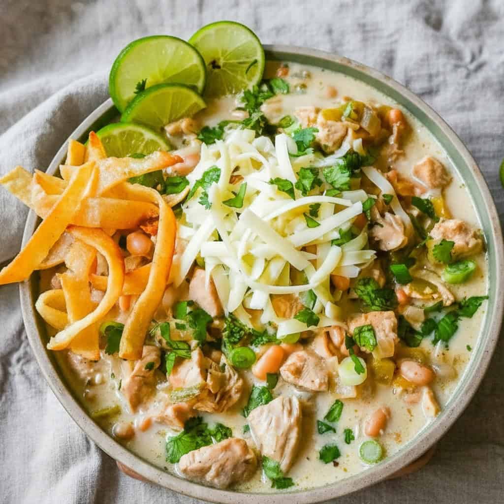 Creamy chicken enchiladas soup with shredded cheese, lime wedges, and fresh herbs in a bowl. Comforting Mexican-inspired dish perfect for cozy dinners and meal prep.
