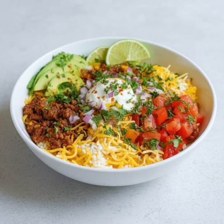 Ground beef tacos with diced tomatoes, shredded cheese, lettuce, sour cream, lime, and chopped cilantro in a white bowl, served on a granite countertop.