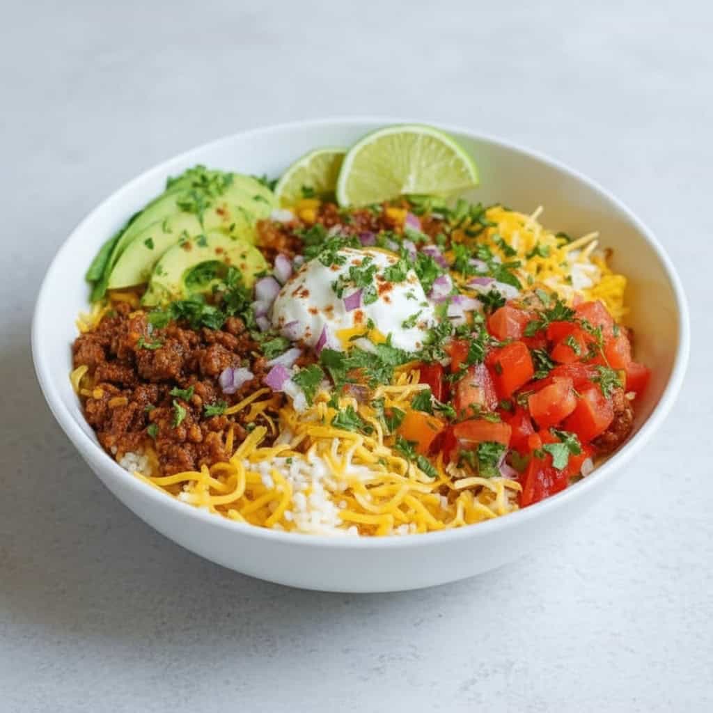 Ground beef tacos with diced tomatoes, shredded cheese, lettuce, sour cream, lime, and chopped cilantro in a white bowl, served on a granite countertop.
