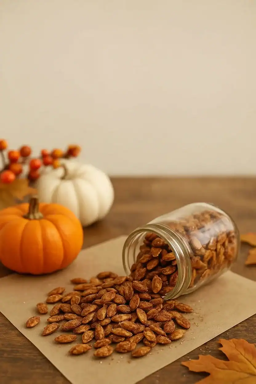Golden roasted pumpkin seeds spilling from jar, fall harvest with decorative pumpkins and autumn leaves in cozy kitchen setting.