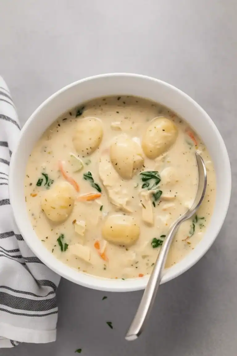 Creamy chicken and potato soup with herbs and vegetables, served in a white bowl, perfect for comforting meals and easy to make.
