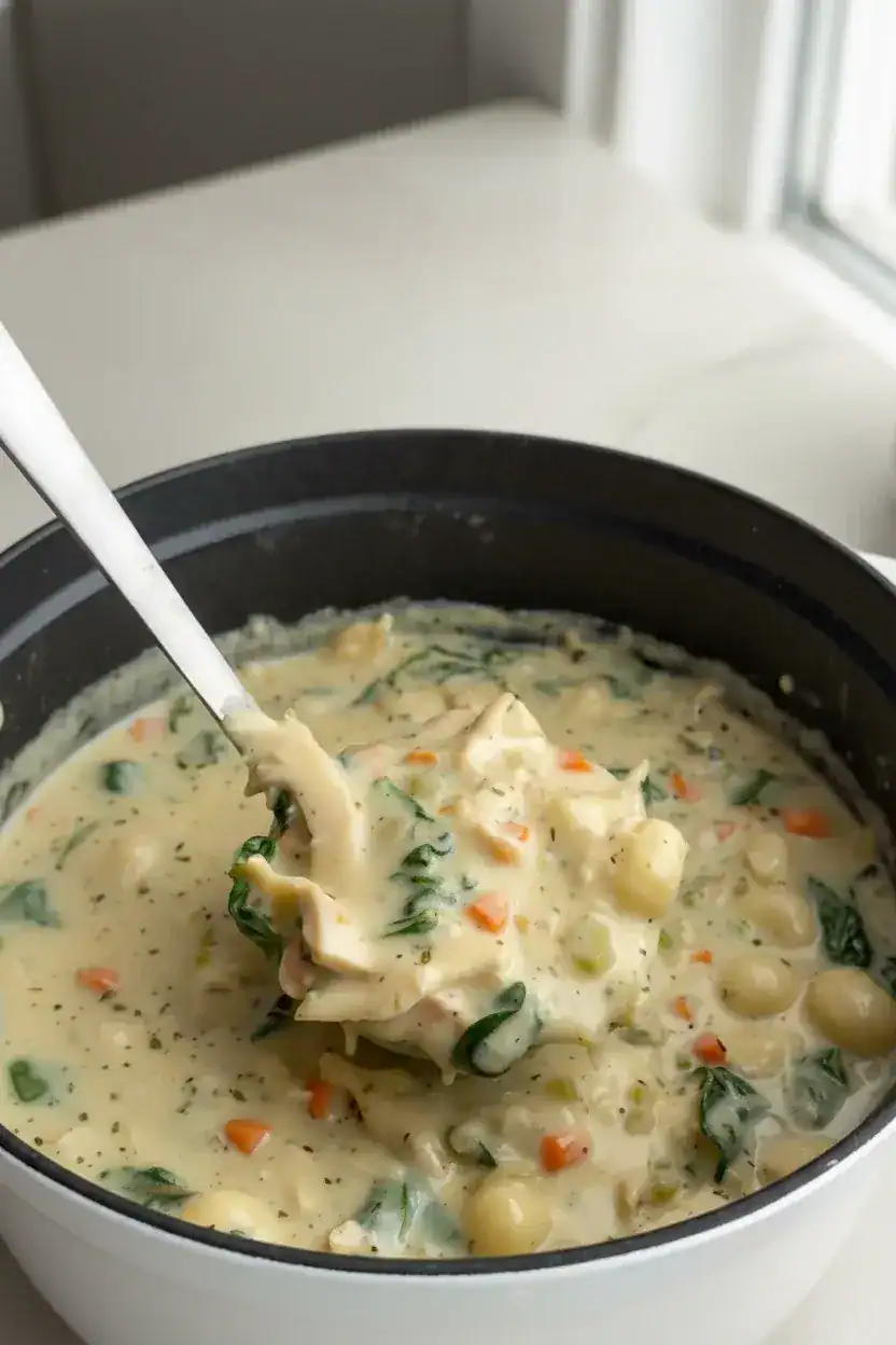 Creamy vegetable chicken soup in a slow cooker with peas, carrots, and spinach, perfect for cozy home-cooked meals and healthy eating.
