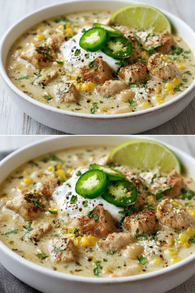 Creamy chicken and corn chowder with lime and jalapeño slices, garnished with fresh herbs and served in a white bowl for a comforting meal.