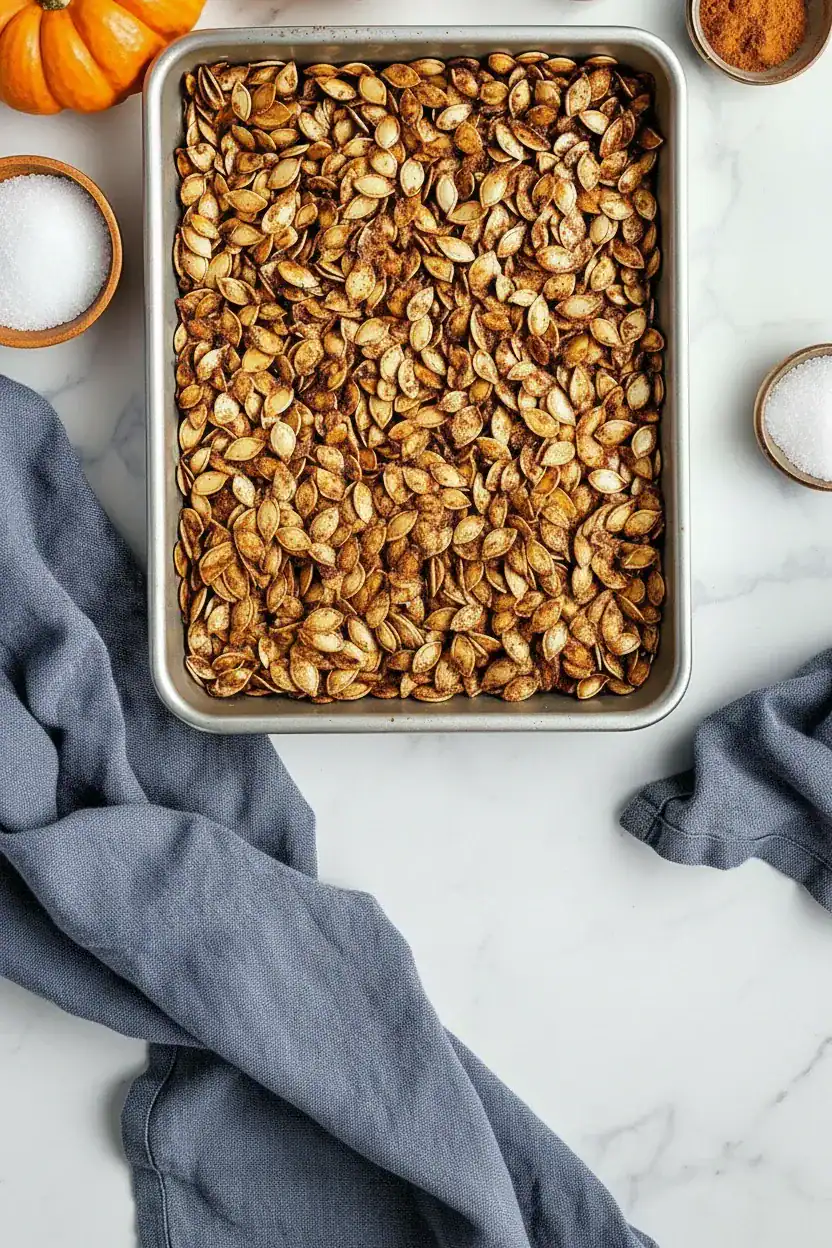 Toasted pumpkin seeds in a baking sheet with salt and spices, ready for snacks or recipes, on a white marble surface with pumpkins and bowls of salt and spices.
