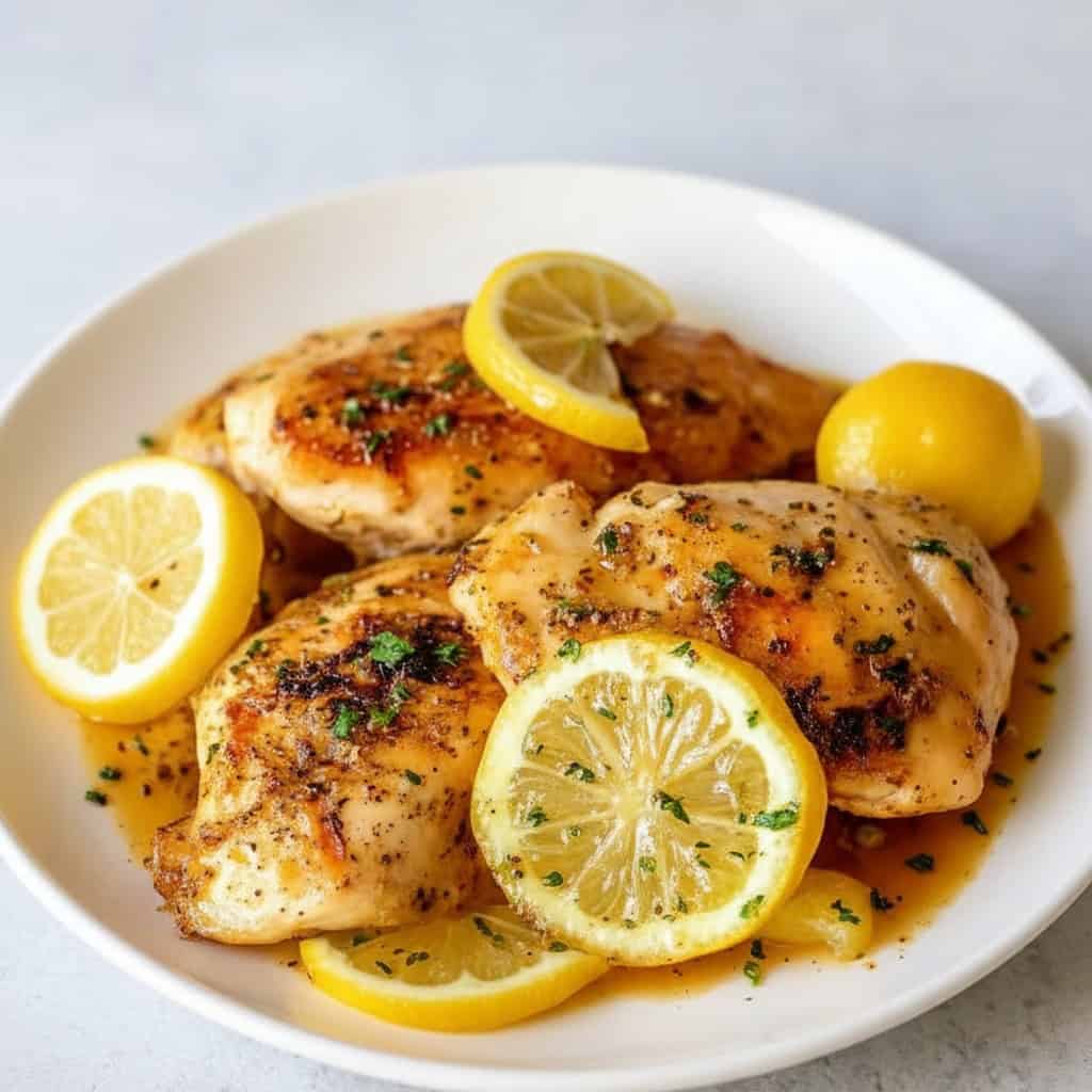 Juicy baked lemon garlic chicken thighs served with fresh lemon slices, garnished with herbs, on a white plate. Perfect for flavorful, healthy dinner recipes and easy meal ideas.