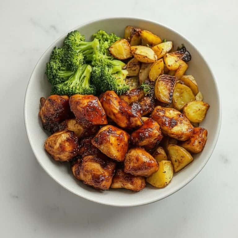 Sautéed chicken bites with roasted potatoes and fresh broccoli on a white plate, perfect for healthy meal options and nutritious recipes.