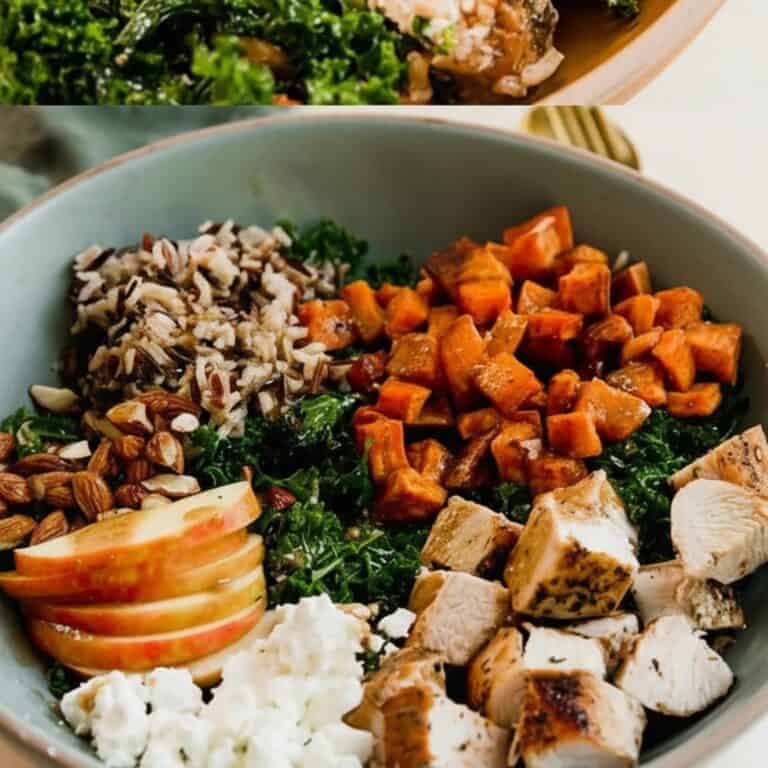 Roasted sweet potatoes, kale, rice, chicken, apples, and feta cheese in a healthy grain bowl. Perfect for nutritious meals, gluten-free options, and packed with vitamins. Ideal for meal prep and weight loss.