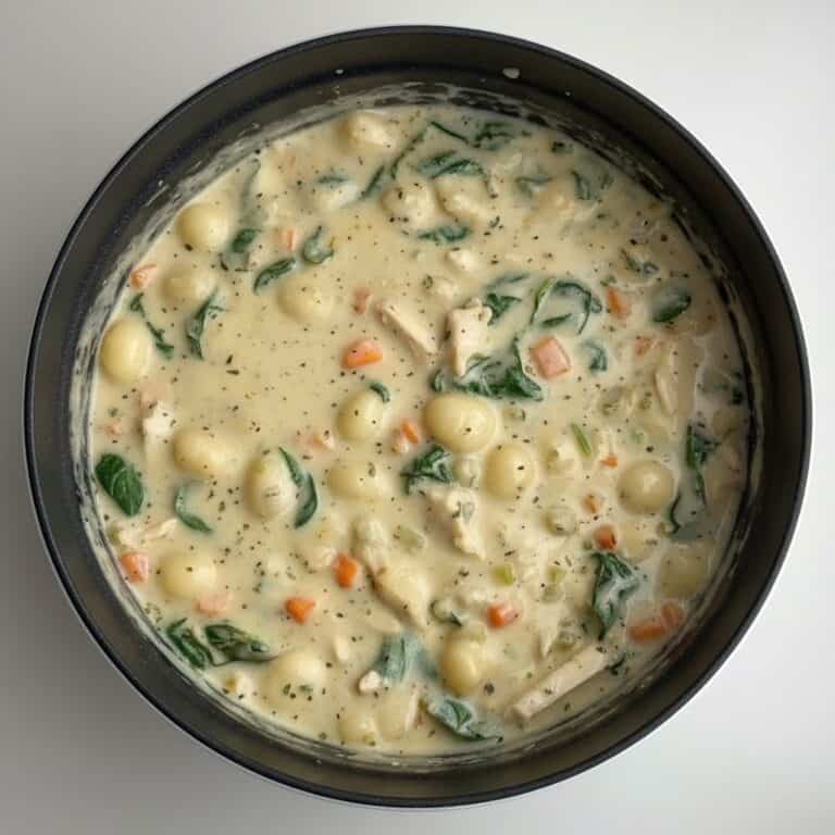 Creamy chicken and vegetable chowder in a black bowl, featuring pasta, carrots, spinach, and tender chicken pieces, garnished with fresh herbs, perfect for comfort food and meal prep.