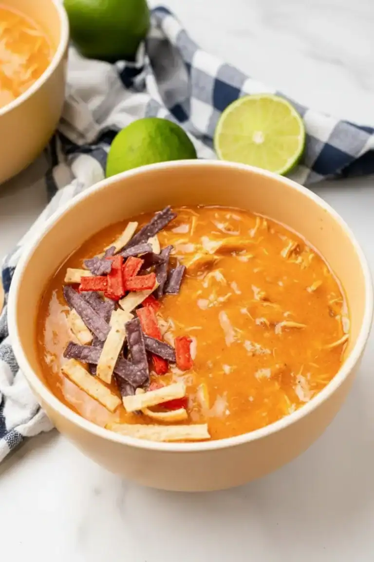 Creamy Mexican chicken tortilla soup with shredded cheese, tortilla strips, and fresh lime slices in a beige bowl on a white surface.