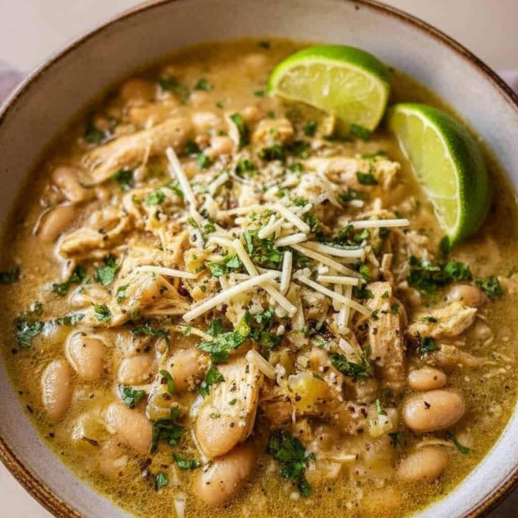 Creamy chicken and white bean soup garnished with shredded cheese, fresh parsley, and lime wedges, served in a rustic bowl, perfect for healthy, hearty, and flavorful meal recipes.